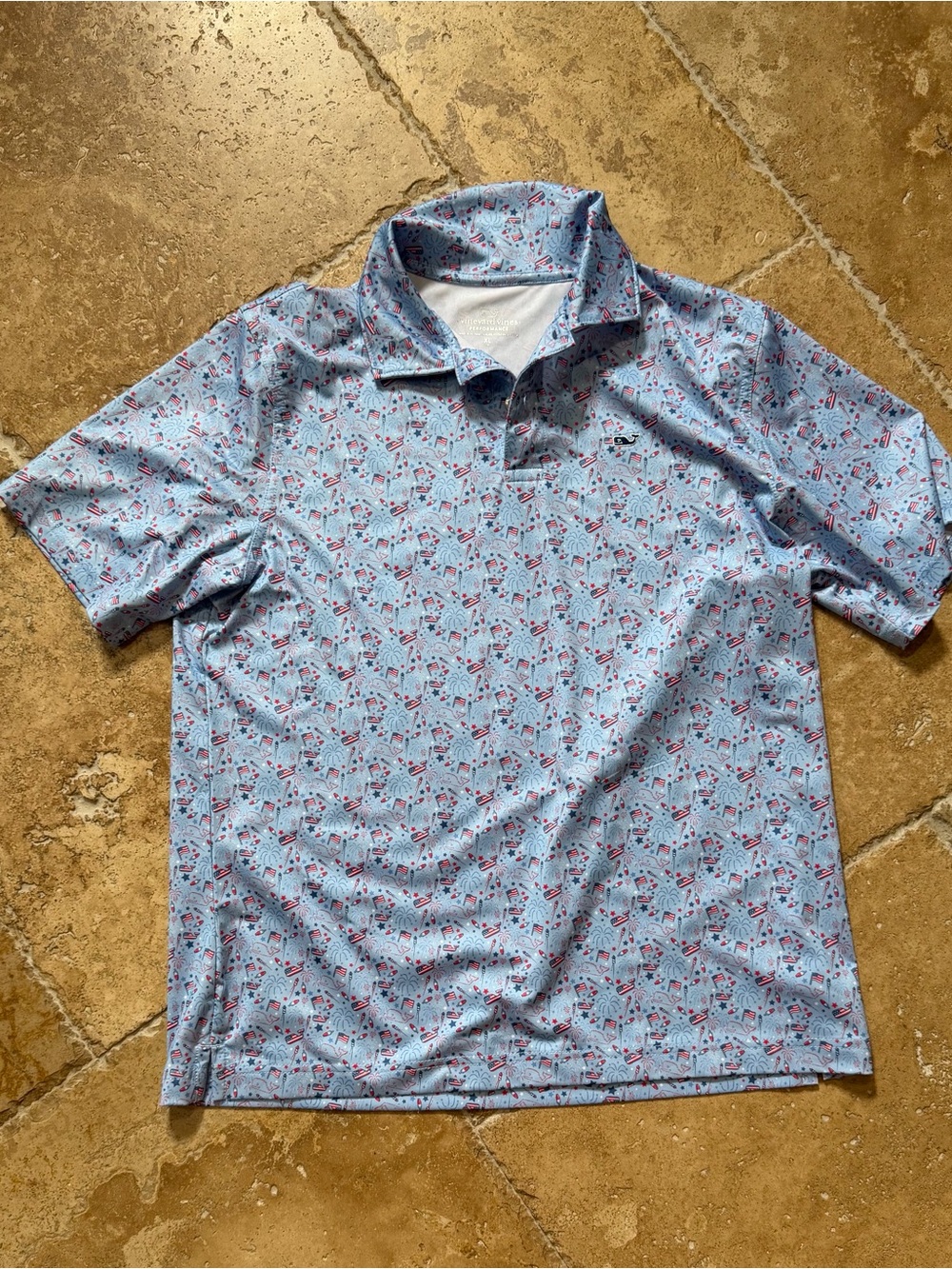 Vineyard Vines Light Blue Short-Sleeve Polo with Red Navy Print